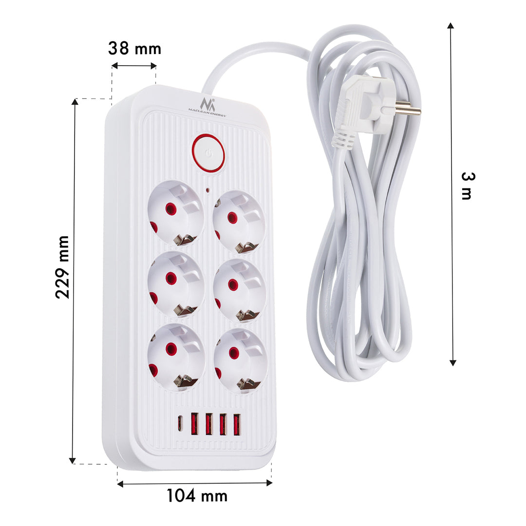 Bandă de alimentare Maclean, cablu prelungitor cu 6 prize + 4xUSB, 110-240V AC 50/60Hz, 2.1A max 2500W, 3m, alb, MCE391 W