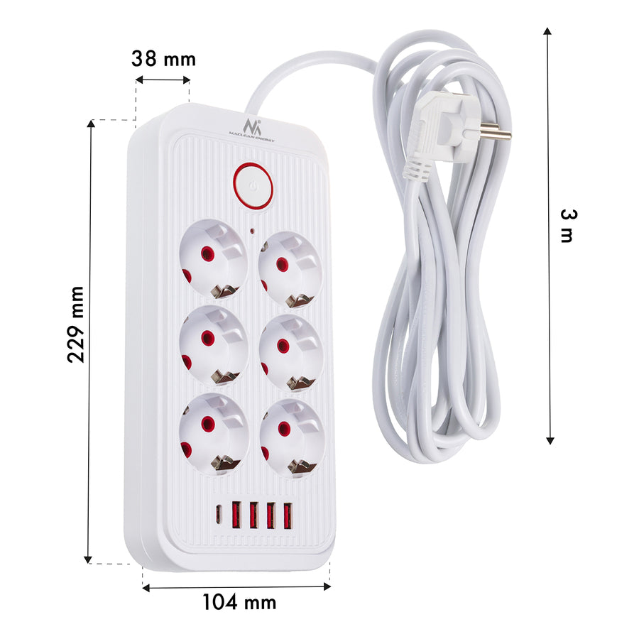 Bandă de alimentare Maclean, cablu prelungitor cu 6 prize + 4xUSB, 110-240V AC 50/60Hz, 2.1A max 2500W, 3m, alb, MCE391 W