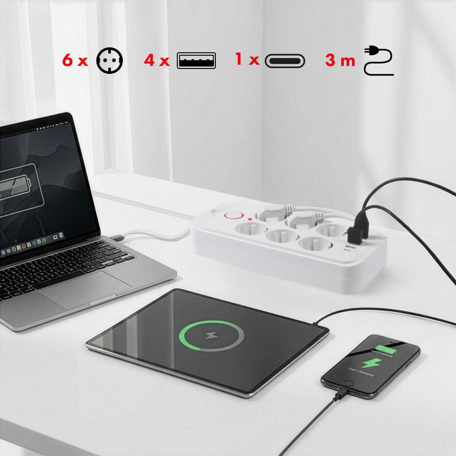 Bandă de alimentare Maclean, cablu prelungitor cu 6 prize + 4xUSB, 110-240V AC 50/60Hz, 2.1A max 2500W, 3m, alb, MCE391 W