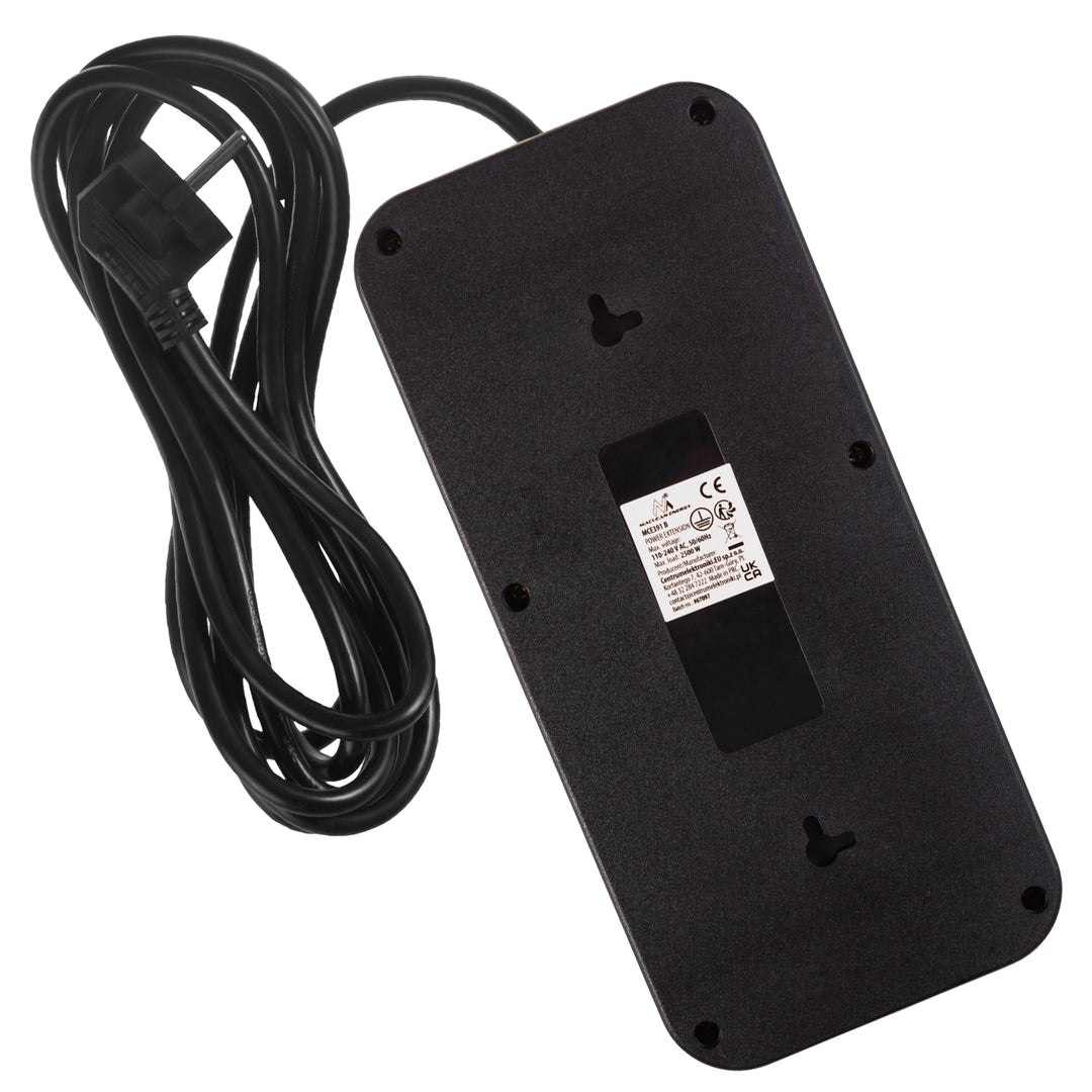 Furtun de alimentare Maclean, cablu prelungitor cu 6 prize + 4xUSB, 110-240V AC 50/60Hz, 2.1A max 2500W, 3m, negru, MCE391 B