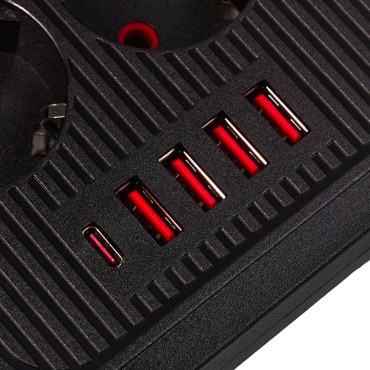 Furtun de alimentare Maclean, cablu prelungitor cu 6 prize + 4xUSB, 110-240V AC 50/60Hz, 2.1A max 2500W, 3m, negru, MCE391 B