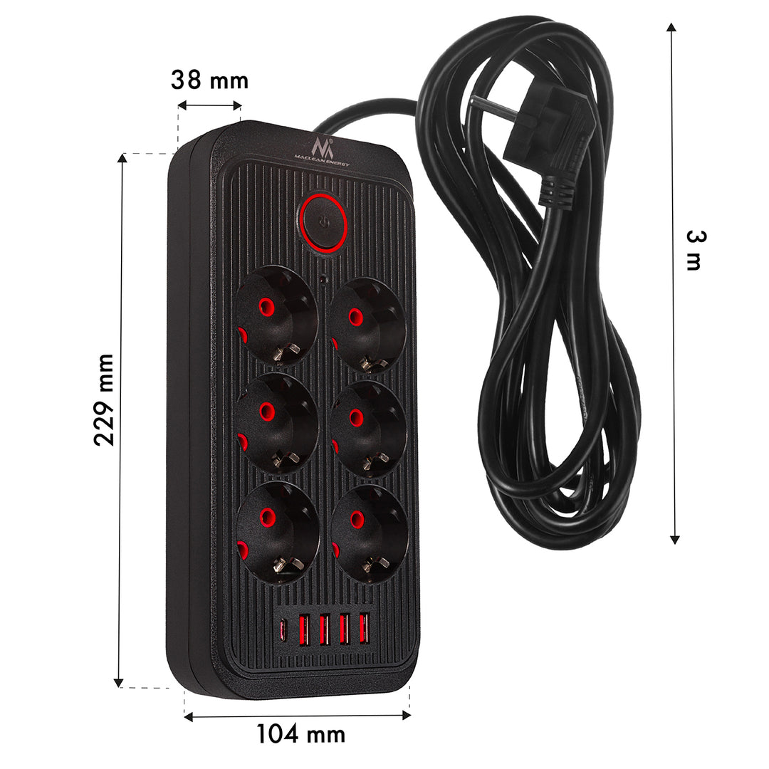 Furtun de alimentare Maclean, cablu prelungitor cu 6 prize + 4xUSB, 110-240V AC 50/60Hz, 2.1A max 2500W, 3m, negru, MCE391 B