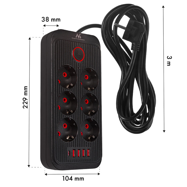 Furtun de alimentare Maclean, cablu prelungitor cu 6 prize + 4xUSB, 110-240V AC 50/60Hz, 2.1A max 2500W, 3m, negru, MCE391 B