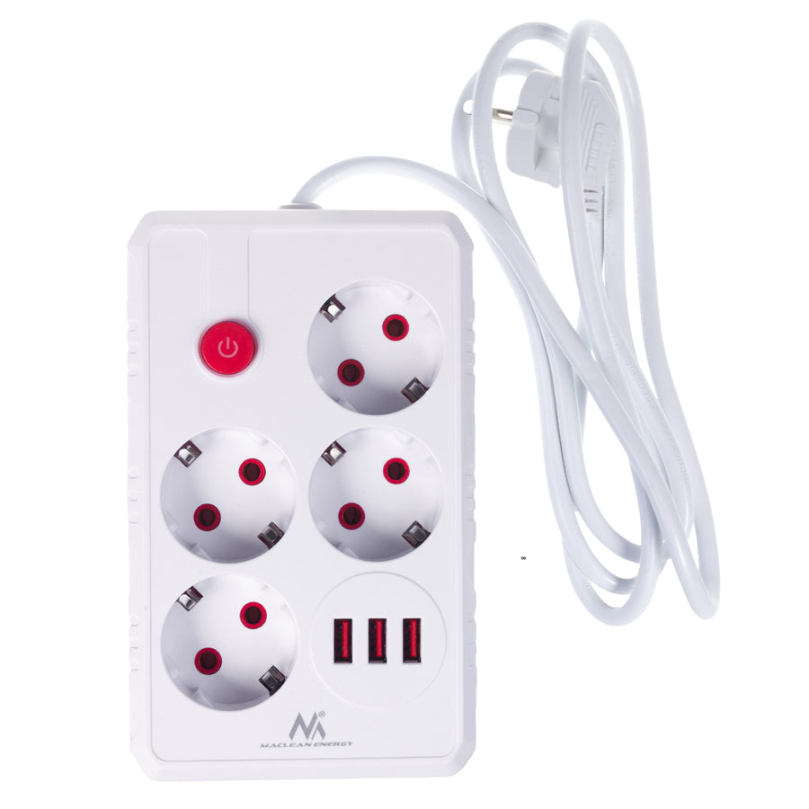 Furtun de alimentare Maclean, cablu prelungitor cu 4 prize + 3xUSB, 110-240V AC 50/60Hz, 2.1A max 2500W, 1.5m, alb, MCE392 W