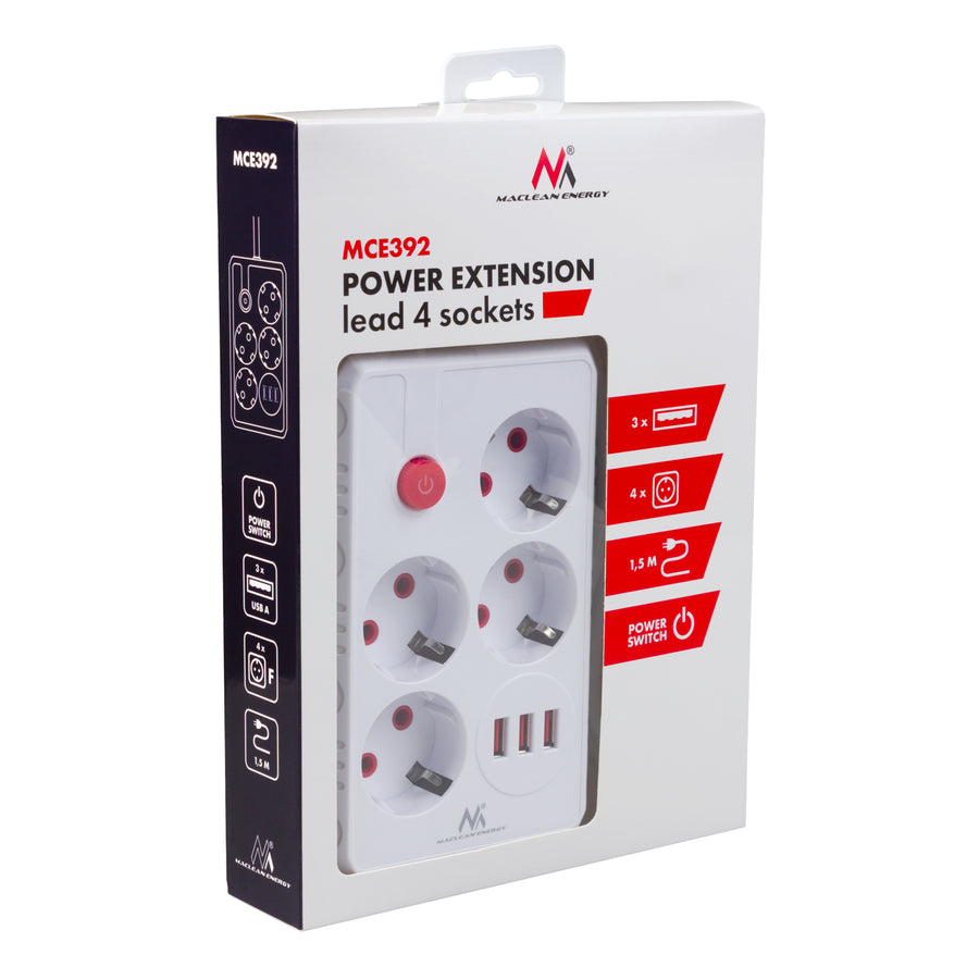 Furtun de alimentare Maclean, cablu prelungitor cu 4 prize + 3xUSB, 110-240V AC 50/60Hz, 2.1A max 2500W, 1.5m, alb, MCE392 W