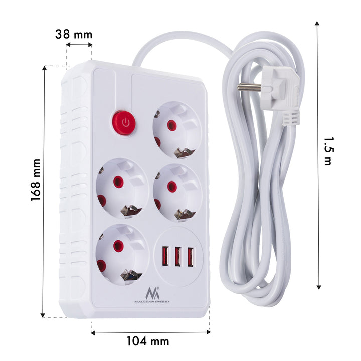 Furtun de alimentare Maclean, cablu prelungitor cu 4 prize + 3xUSB, 110-240V AC 50/60Hz, 2.1A max 2500W, 1.5m, alb, MCE392 W