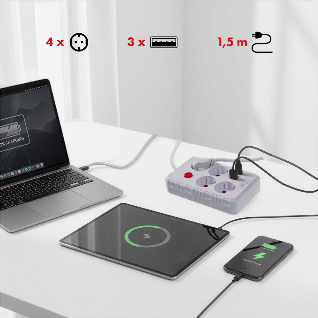 Furtun de alimentare Maclean, cablu prelungitor cu 4 prize + 3xUSB, 110-240V AC 50/60Hz, 2.1A max 2500W, 1.5m, alb, MCE392 W