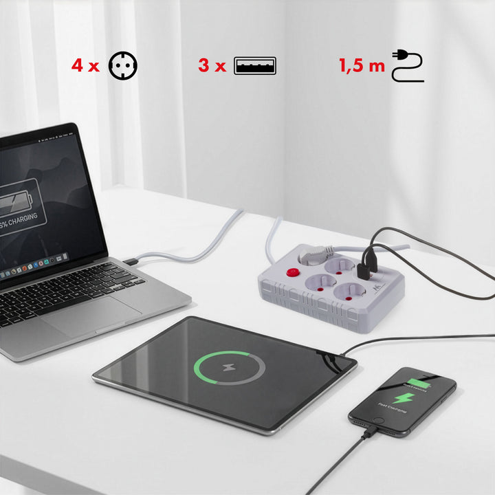 Furtun de alimentare Maclean, cablu prelungitor cu 4 prize + 3xUSB, 110-240V AC 50/60Hz, 2.1A max 2500W, 1.5m, alb, MCE392 W