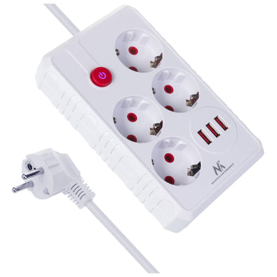 Furtun de alimentare Maclean, cablu prelungitor cu 4 prize + 3xUSB, 110-240V AC 50/60Hz, 2.1A max 2500W, 1.5m, alb, MCE392 W