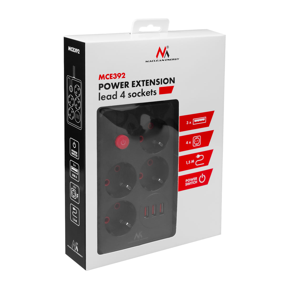 Furtun de alimentare Maclean, cablu prelungitor cu 4 prize + 3xUSB, 110-240V AC 50/60Hz, 2.1A max 2500W, 1.5m, negru, MCE392 B