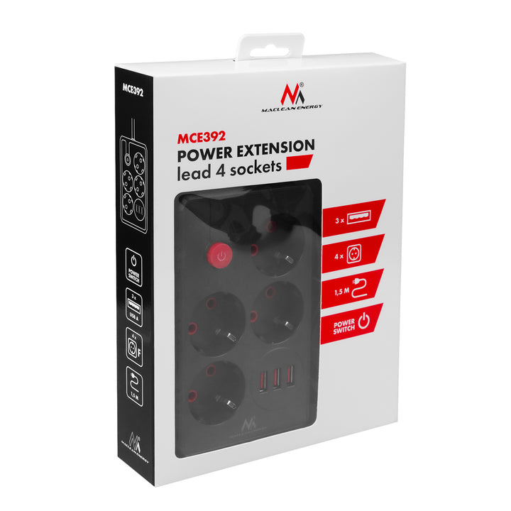 Furtun de alimentare Maclean, cablu prelungitor cu 4 prize + 3xUSB, 110-240V AC 50/60Hz, 2.1A max 2500W, 1.5m, negru, MCE392 B