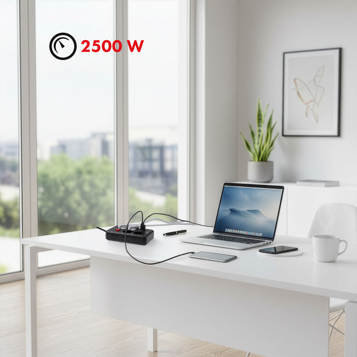 Furtun de alimentare Maclean, cablu prelungitor cu 4 prize + 3xUSB, 110-240V AC 50/60Hz, 2.1A max 2500W, 1.5m, negru, MCE392 B