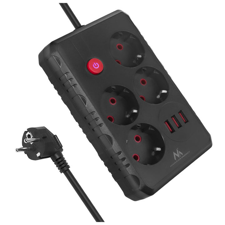 Furtun de alimentare Maclean, cablu prelungitor cu 4 prize + 3xUSB, 110-240V AC 50/60Hz, 2.1A max 2500W, 1.5m, negru, MCE392 B