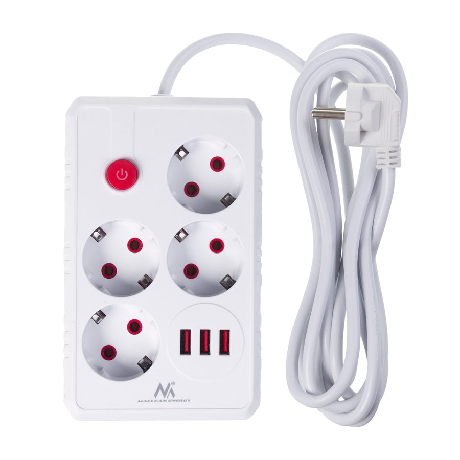 Furtun de alimentare Maclean, cablu prelungitor cu 4 prize + 3xUSB, 110-240V AC 50/60Hz, 2.1A max 2500W, 3m, alb, MCE393 W