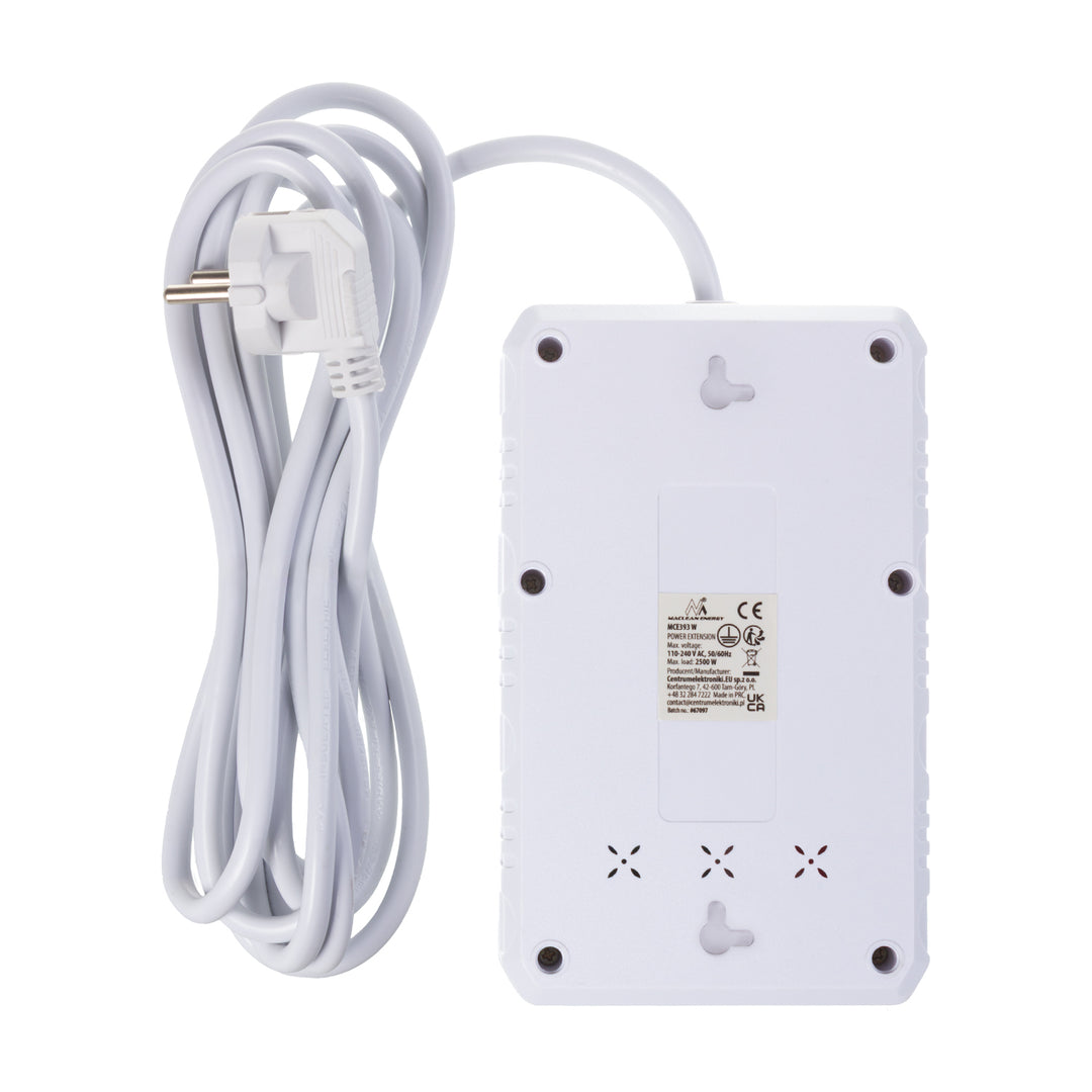 Furtun de alimentare Maclean, cablu prelungitor cu 4 prize + 3xUSB, 110-240V AC 50/60Hz, 2.1A max 2500W, 3m, alb, MCE393 W