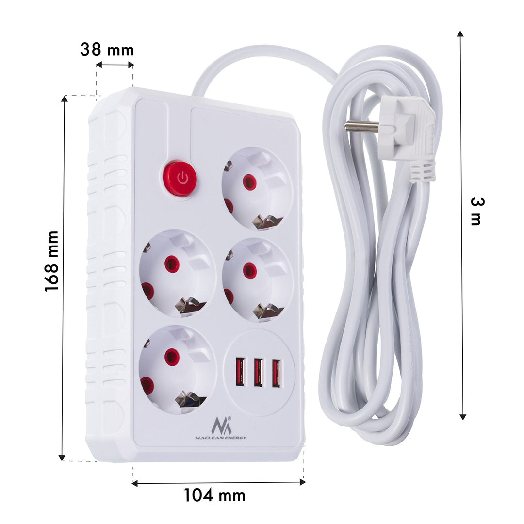 Furtun de alimentare Maclean, cablu prelungitor cu 4 prize + 3xUSB, 110-240V AC 50/60Hz, 2.1A max 2500W, 3m, alb, MCE393 W