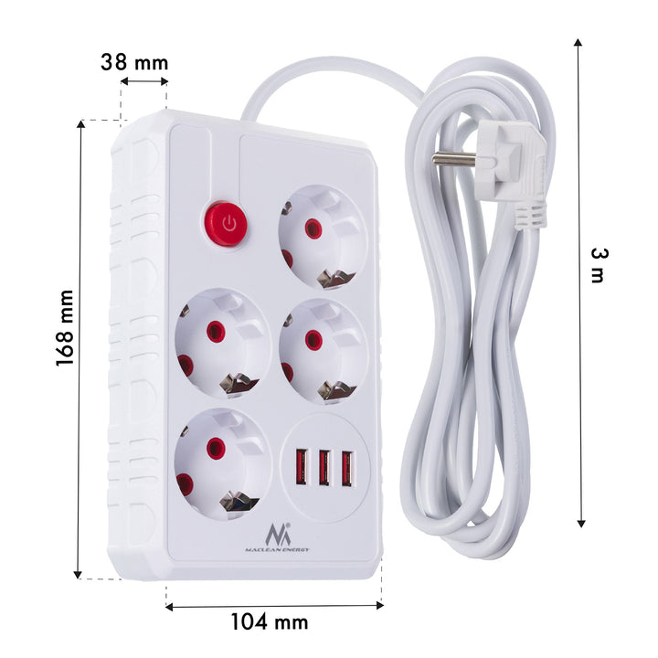 Furtun de alimentare Maclean, cablu prelungitor cu 4 prize + 3xUSB, 110-240V AC 50/60Hz, 2.1A max 2500W, 3m, alb, MCE393 W