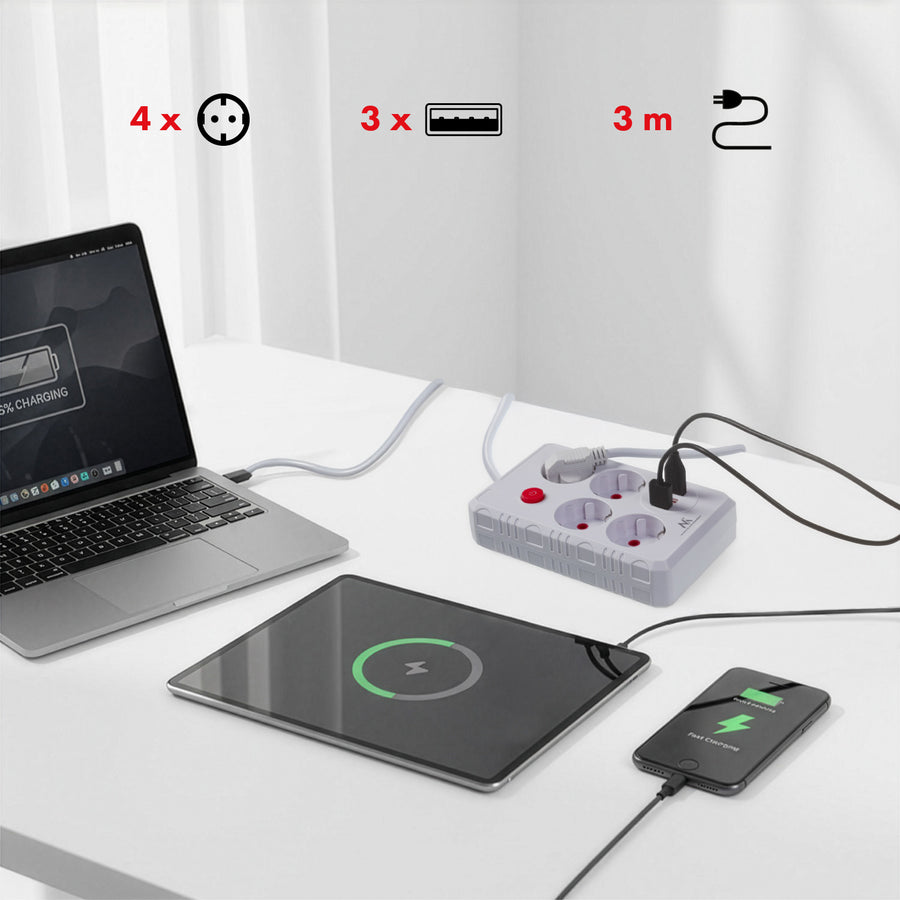Furtun de alimentare Maclean, cablu prelungitor cu 4 prize + 3xUSB, 110-240V AC 50/60Hz, 2.1A max 2500W, 3m, alb, MCE393 W