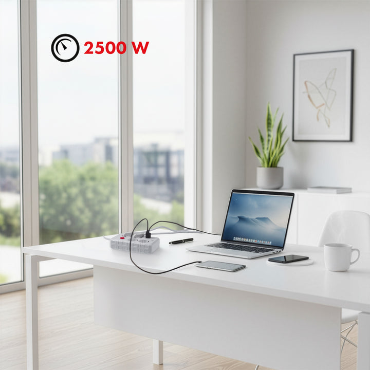 Furtun de alimentare Maclean, cablu prelungitor cu 4 prize + 3xUSB, 110-240V AC 50/60Hz, 2.1A max 2500W, 3m, alb, MCE393 W