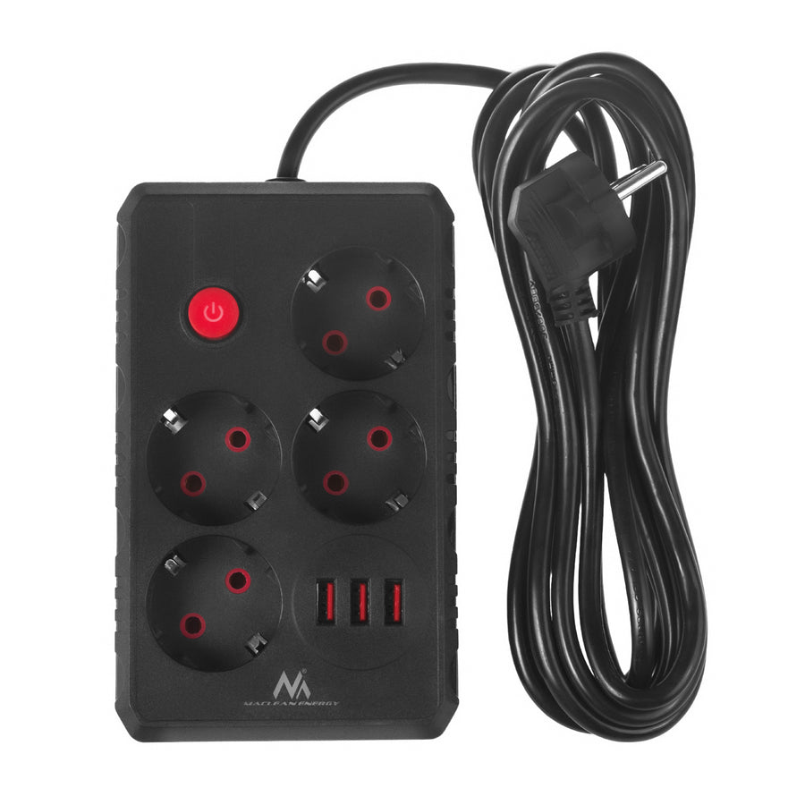 Furtun de alimentare Maclean, cablu prelungitor cu 4 prize + 3xUSB, 110-240V AC 50/60Hz, 2.1A max 2500W, 3m, negru, MCE393 B