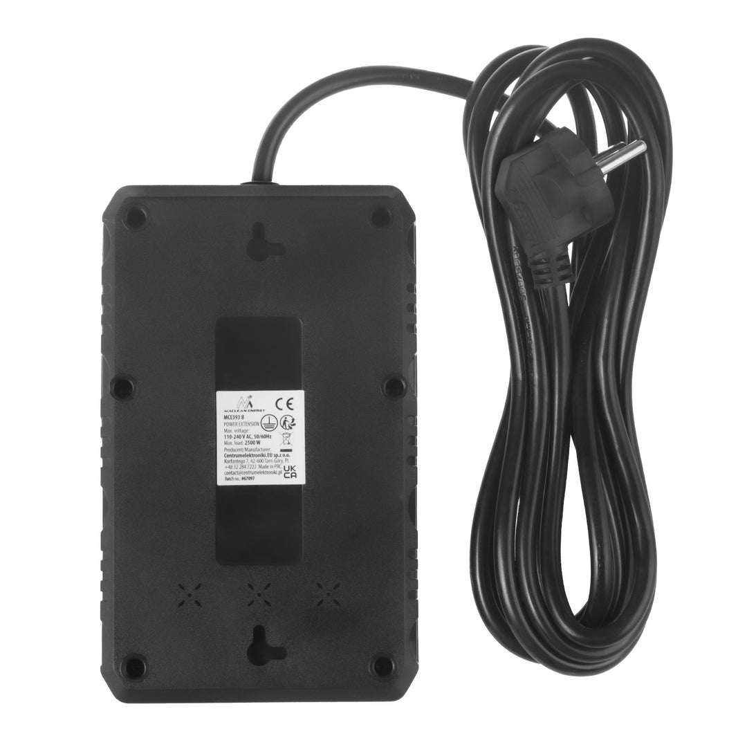 Furtun de alimentare Maclean, cablu prelungitor cu 4 prize + 3xUSB, 110-240V AC 50/60Hz, 2.1A max 2500W, 3m, negru, MCE393 B