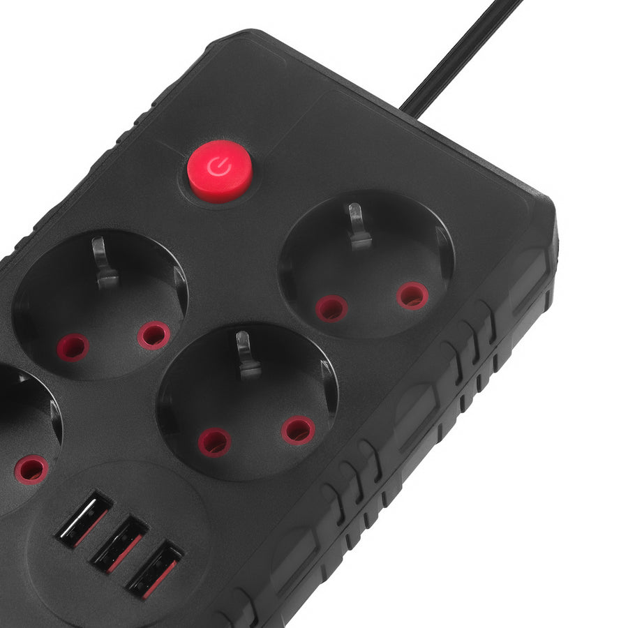 Furtun de alimentare Maclean, cablu prelungitor cu 4 prize + 3xUSB, 110-240V AC 50/60Hz, 2.1A max 2500W, 3m, negru, MCE393 B