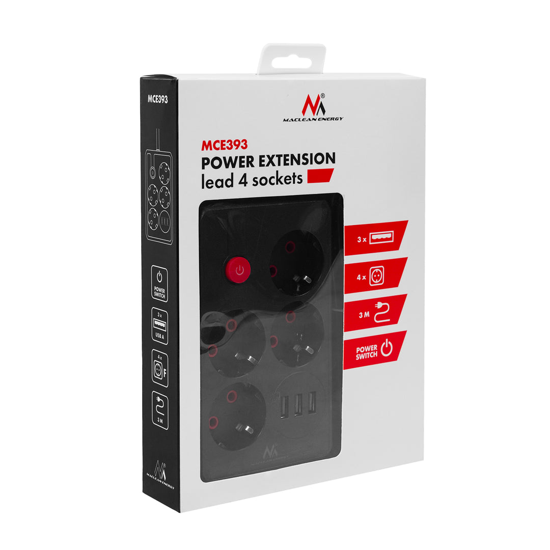 Furtun de alimentare Maclean, cablu prelungitor cu 4 prize + 3xUSB, 110-240V AC 50/60Hz, 2.1A max 2500W, 3m, negru, MCE393 B