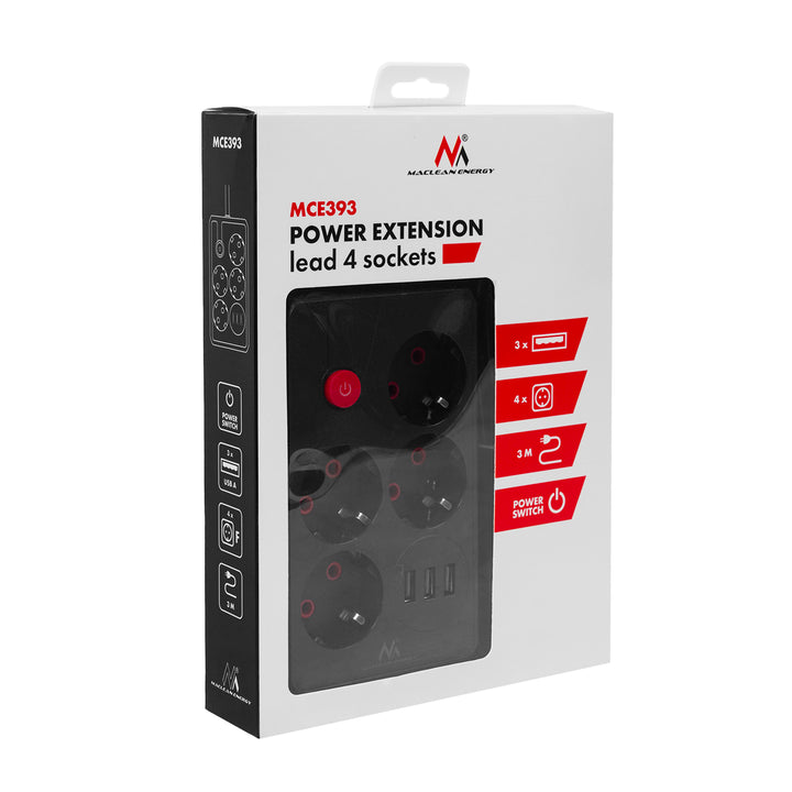 Furtun de alimentare Maclean, cablu prelungitor cu 4 prize + 3xUSB, 110-240V AC 50/60Hz, 2.1A max 2500W, 3m, negru, MCE393 B