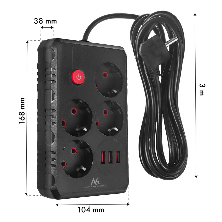 Furtun de alimentare Maclean, cablu prelungitor cu 4 prize + 3xUSB, 110-240V AC 50/60Hz, 2.1A max 2500W, 3m, negru, MCE393 B