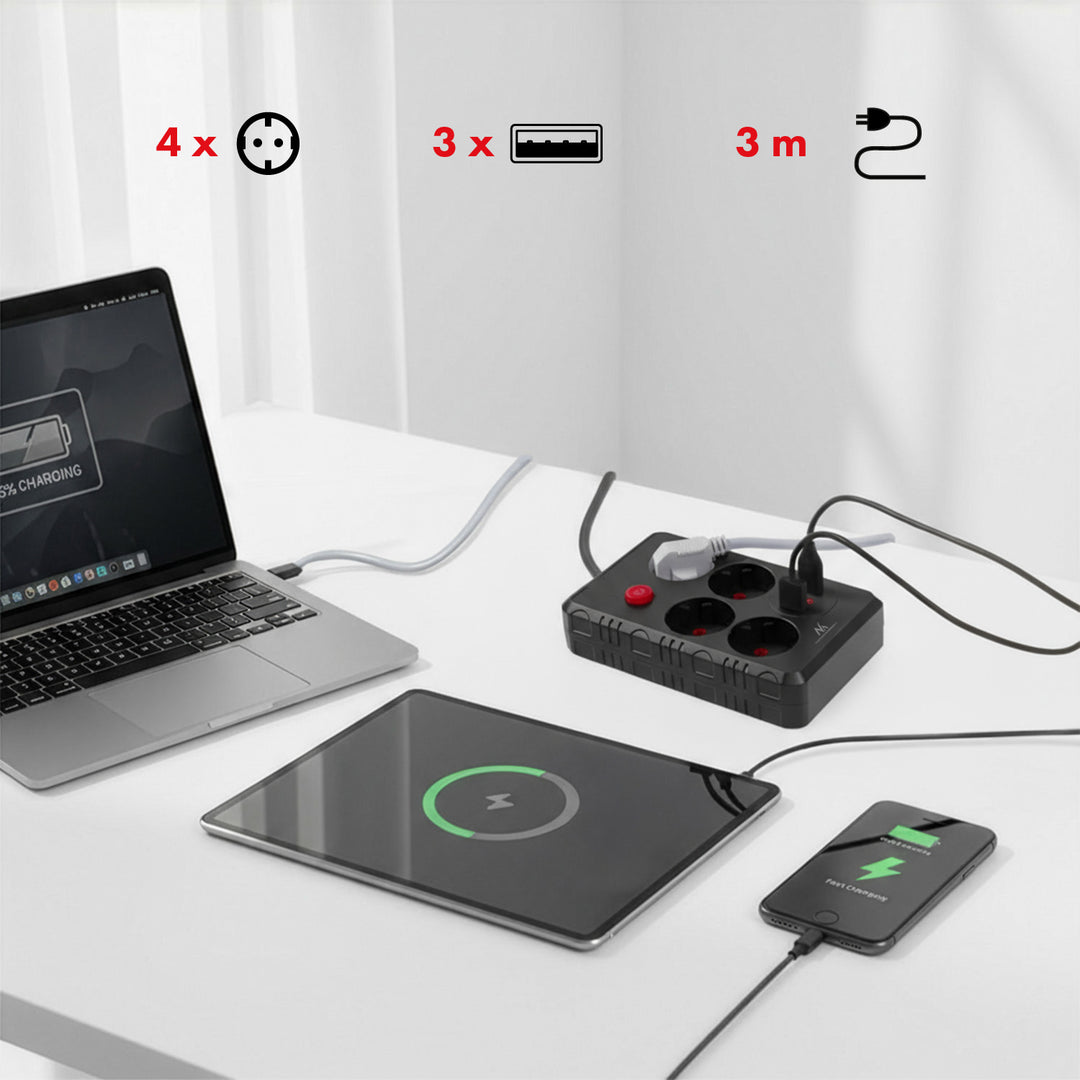 Furtun de alimentare Maclean, cablu prelungitor cu 4 prize + 3xUSB, 110-240V AC 50/60Hz, 2.1A max 2500W, 3m, negru, MCE393 B