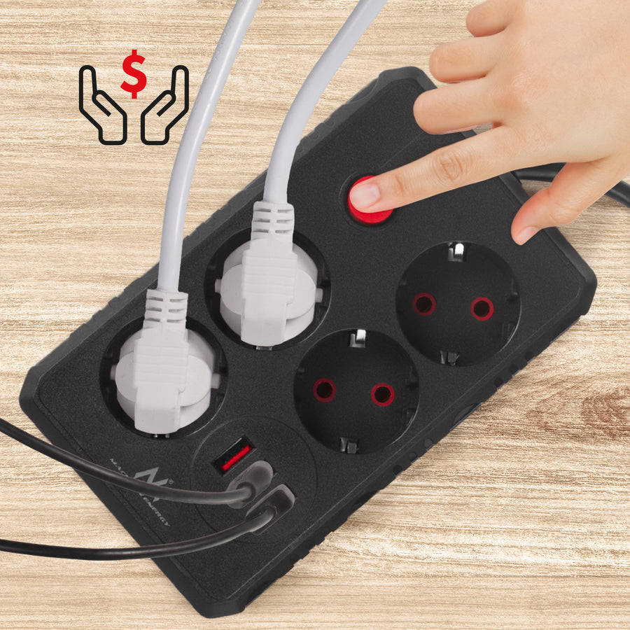 Furtun de alimentare Maclean, cablu prelungitor cu 4 prize + 3xUSB, 110-240V AC 50/60Hz, 2.1A max 2500W, 3m, negru, MCE393 B
