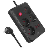 Furtun de alimentare Maclean, cablu prelungitor cu 4 prize + 3xUSB, 110-240V AC 50/60Hz, 2.1A max 2500W, 3m, negru, MCE393 B