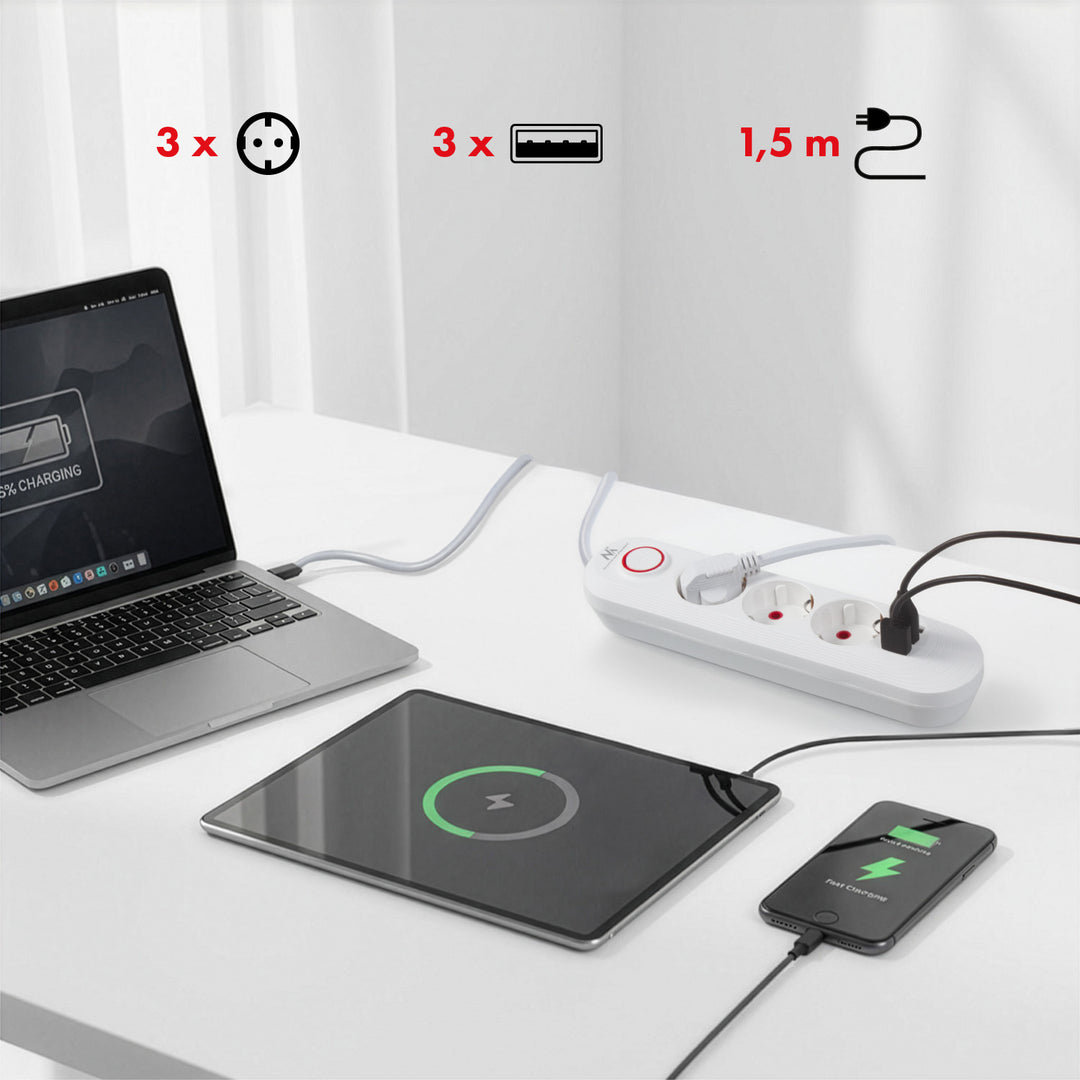 Furtun de alimentare Maclean, cablu prelungitor cu 3 prize + 3xUSB, 110-240V AC 50/60Hz, 2.1A max 2500W, 1.5m, alb, MCE394 W