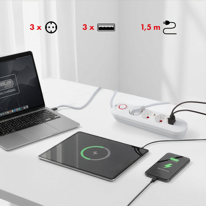 Furtun de alimentare Maclean, cablu prelungitor cu 3 prize + 3xUSB, 110-240V AC 50/60Hz, 2.1A max 2500W, 1.5m, alb, MCE394 W