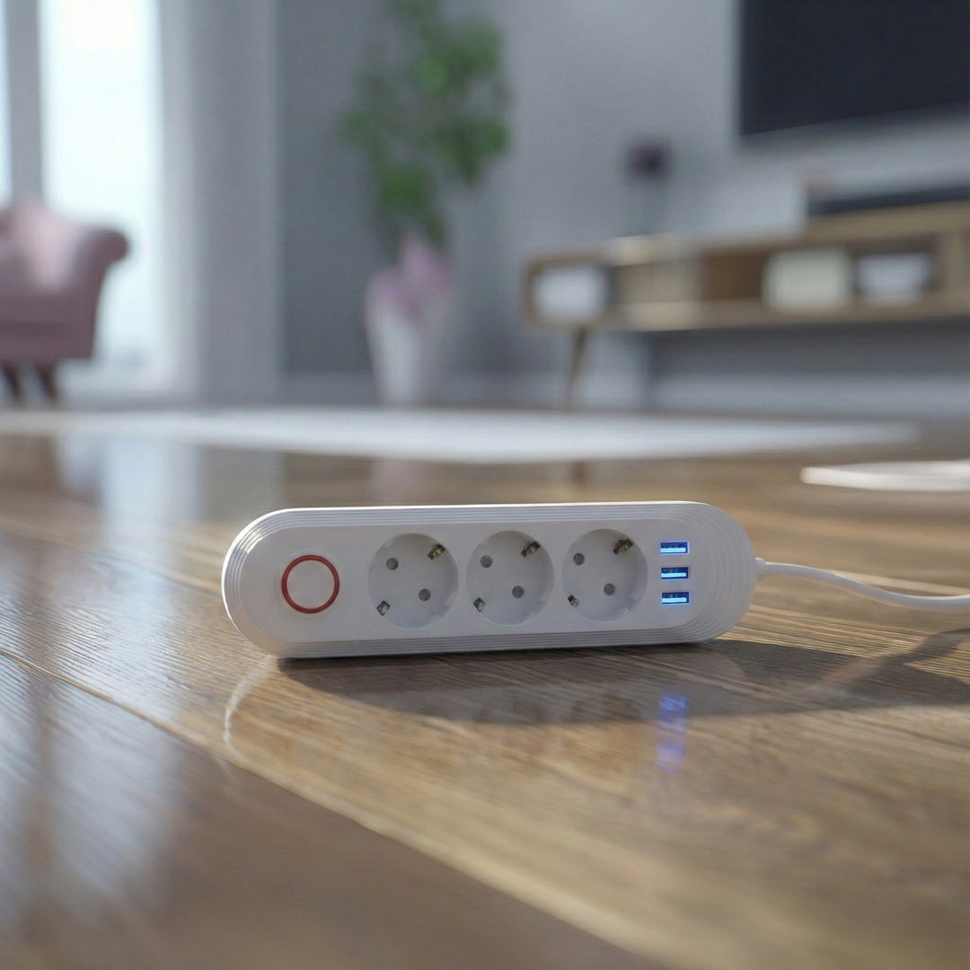 Furtun de alimentare Maclean, cablu prelungitor cu 3 prize + 3xUSB, 110-240V AC 50/60Hz, 2.1A max 2500W, 1.5m, alb, MCE394 W