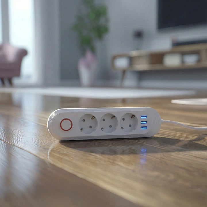 Furtun de alimentare Maclean, cablu prelungitor cu 3 prize + 3xUSB, 110-240V AC 50/60Hz, 2.1A max 2500W, 1.5m, alb, MCE394 W