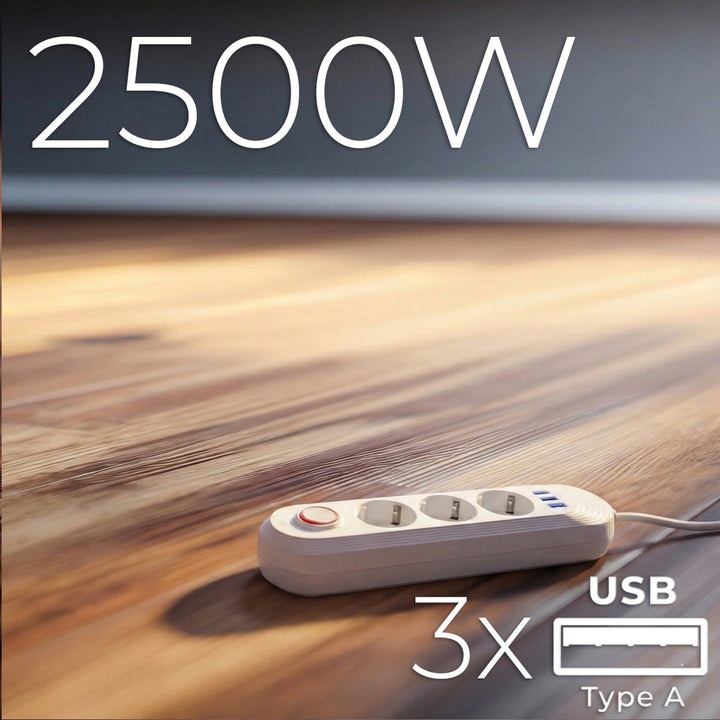 Furtun de alimentare Maclean, cablu prelungitor cu 3 prize + 3xUSB, 110-240V AC 50/60Hz, 2.1A max 2500W, 1.5m, alb, MCE394 W