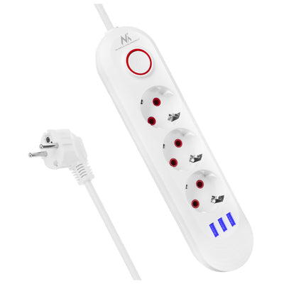 Furtun de alimentare Maclean, cablu prelungitor cu 3 prize + 3xUSB, 110-240V AC 50/60Hz, 2.1A max 2500W, 1.5m, alb, MCE394 W
