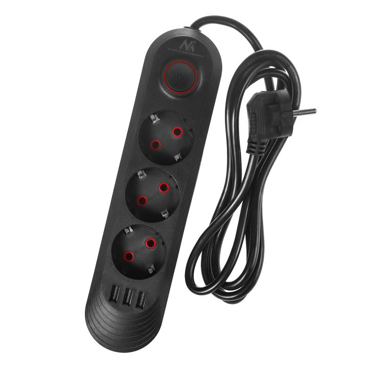 Furtun de alimentare Maclean, cablu prelungitor cu 3 prize + 3xUSB, 110-240V AC 50/60Hz, 2.1A max 2500W, 1.5m, negru, MCE394 B