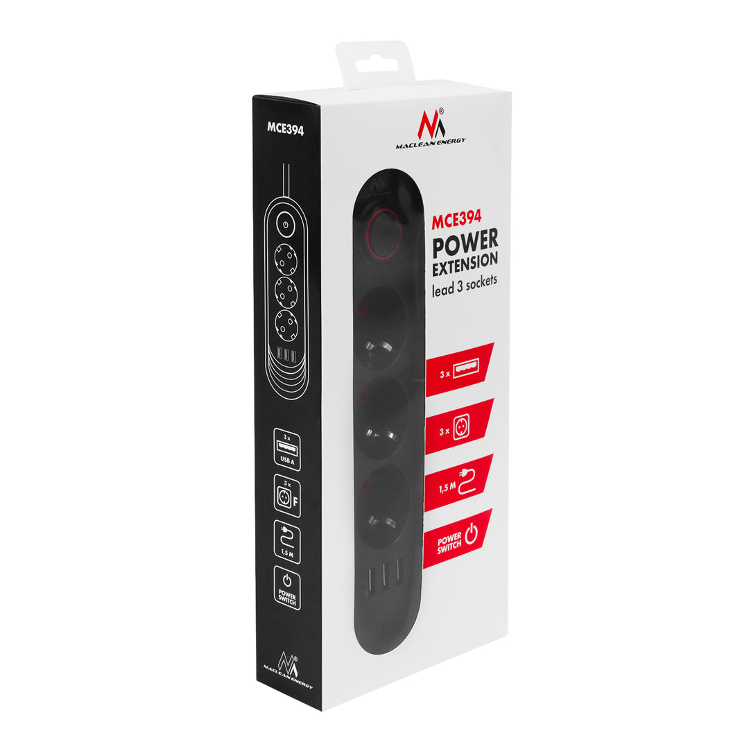 Furtun de alimentare Maclean, cablu prelungitor cu 3 prize + 3xUSB, 110-240V AC 50/60Hz, 2.1A max 2500W, 1.5m, negru, MCE394 B