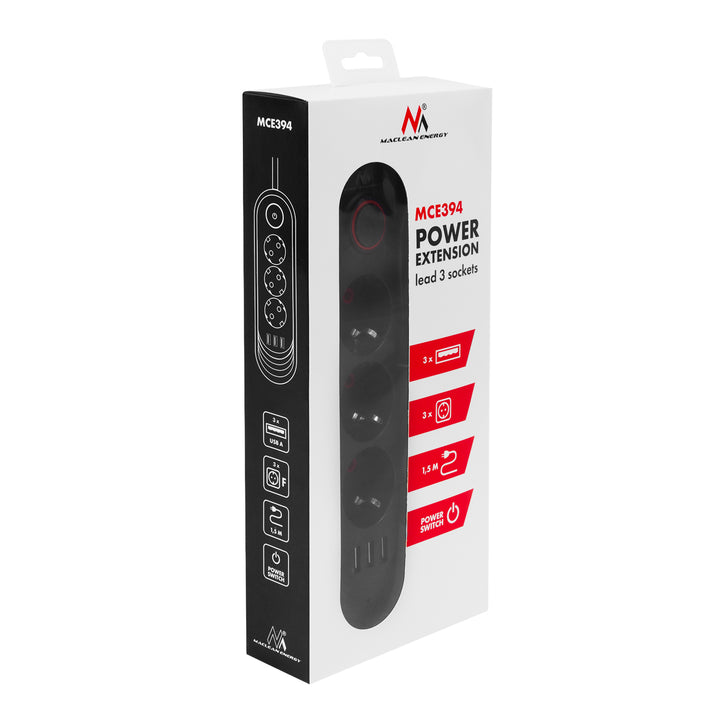 Furtun de alimentare Maclean, cablu prelungitor cu 3 prize + 3xUSB, 110-240V AC 50/60Hz, 2.1A max 2500W, 1.5m, negru, MCE394 B