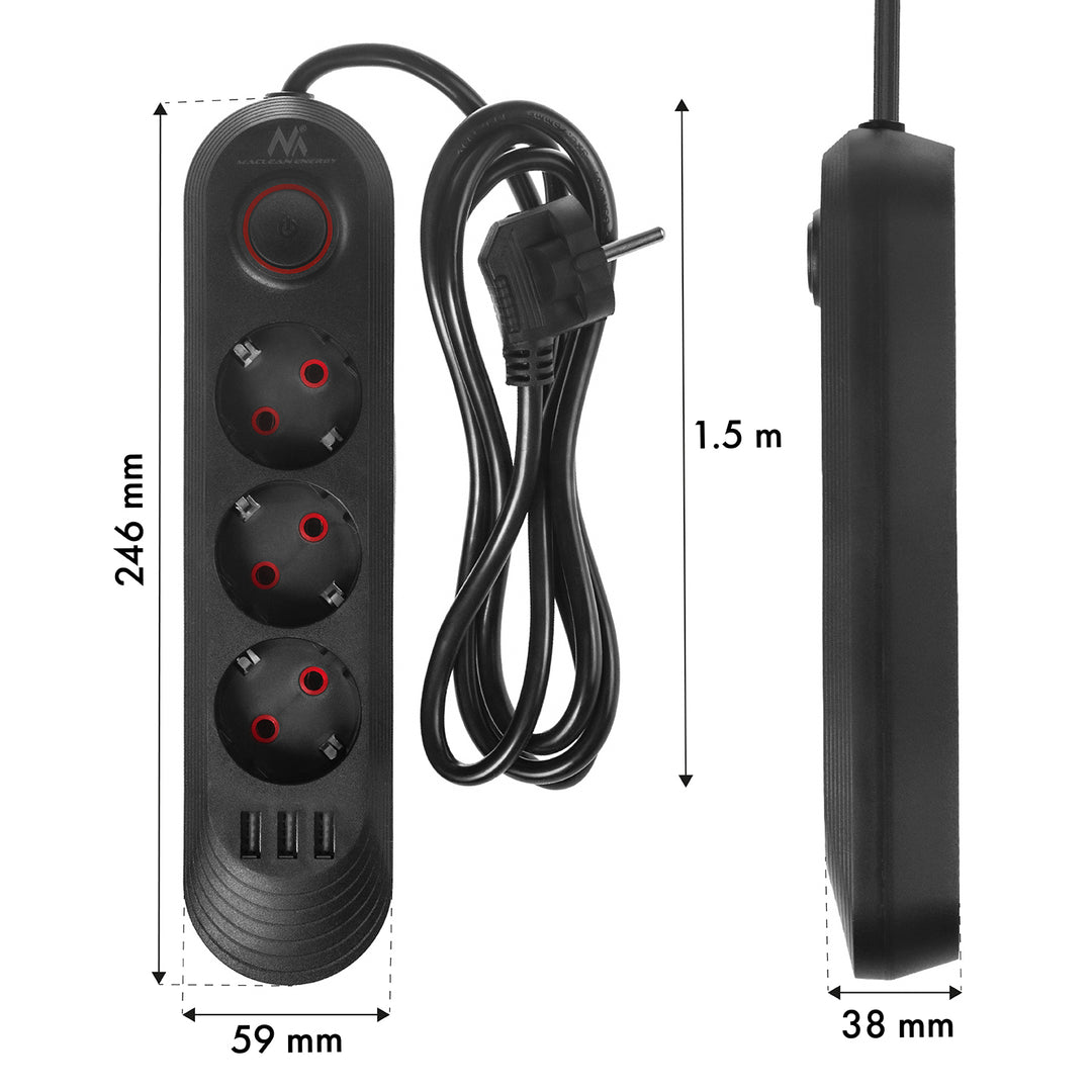 Furtun de alimentare Maclean, cablu prelungitor cu 3 prize + 3xUSB, 110-240V AC 50/60Hz, 2.1A max 2500W, 1.5m, negru, MCE394 B