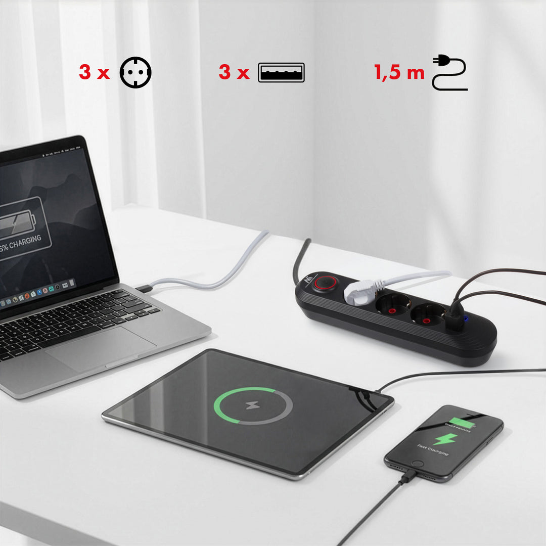 Furtun de alimentare Maclean, cablu prelungitor cu 3 prize + 3xUSB, 110-240V AC 50/60Hz, 2.1A max 2500W, 1.5m, negru, MCE394 B