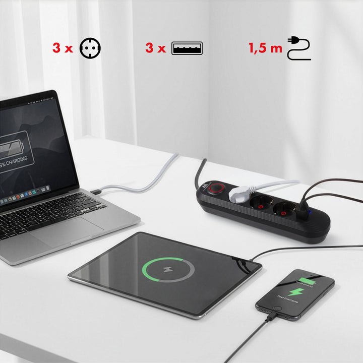 Furtun de alimentare Maclean, cablu prelungitor cu 3 prize + 3xUSB, 110-240V AC 50/60Hz, 2.1A max 2500W, 1.5m, negru, MCE394 B