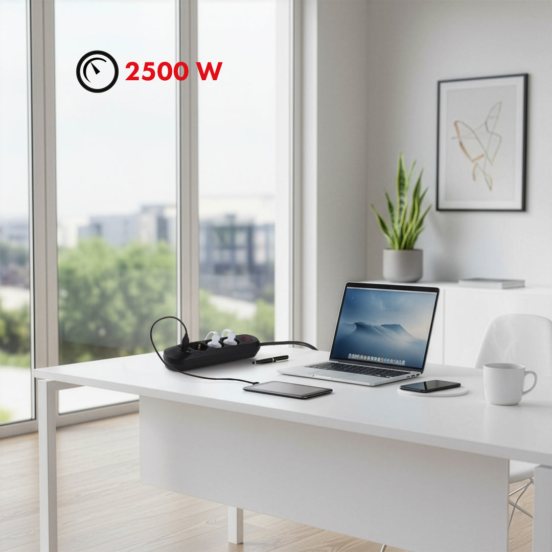 Furtun de alimentare Maclean, cablu prelungitor cu 3 prize + 3xUSB, 110-240V AC 50/60Hz, 2.1A max 2500W, 1.5m, negru, MCE394 B