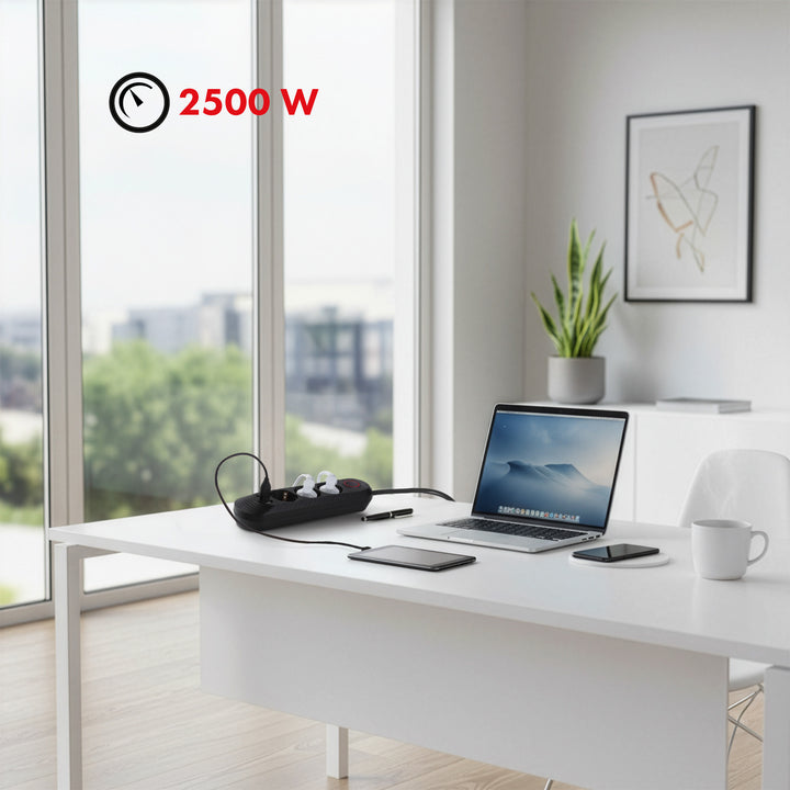 Furtun de alimentare Maclean, cablu prelungitor cu 3 prize + 3xUSB, 110-240V AC 50/60Hz, 2.1A max 2500W, 1.5m, negru, MCE394 B