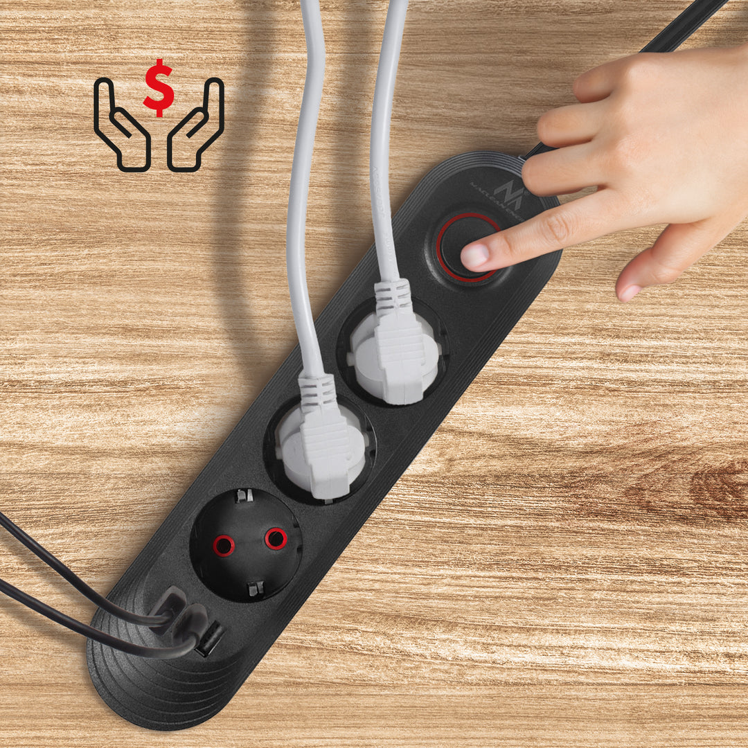 Furtun de alimentare Maclean, cablu prelungitor cu 3 prize + 3xUSB, 110-240V AC 50/60Hz, 2.1A max 2500W, 1.5m, negru, MCE394 B