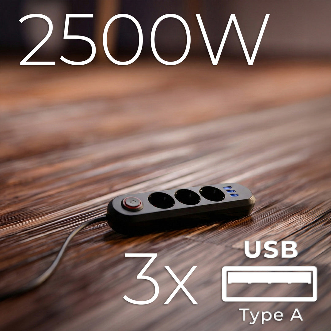 Furtun de alimentare Maclean, cablu prelungitor cu 3 prize + 3xUSB, 110-240V AC 50/60Hz, 2.1A max 2500W, 1.5m, negru, MCE394 B