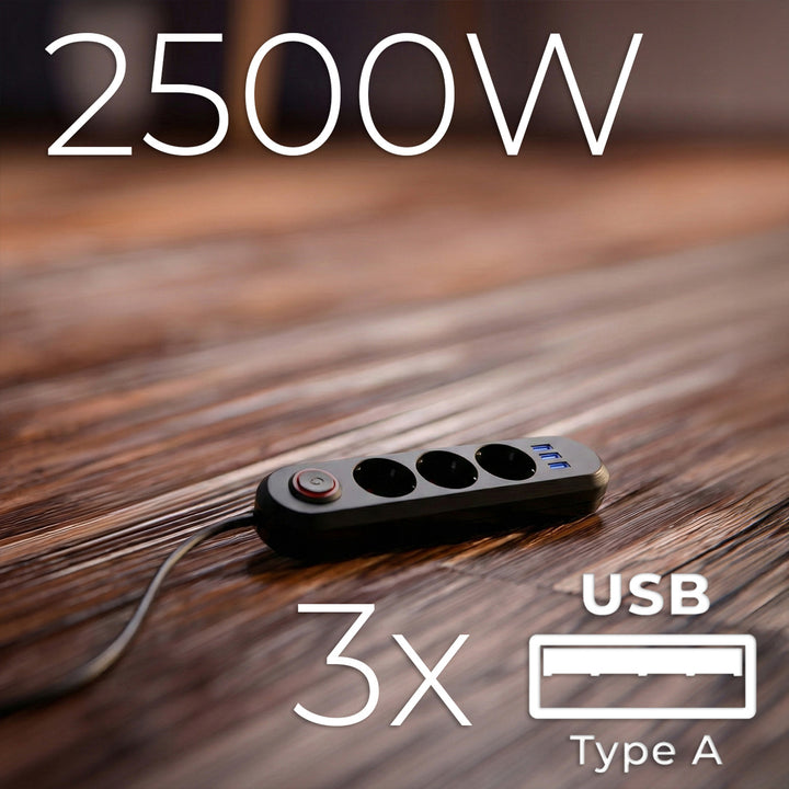 Furtun de alimentare Maclean, cablu prelungitor cu 3 prize + 3xUSB, 110-240V AC 50/60Hz, 2.1A max 2500W, 1.5m, negru, MCE394 B