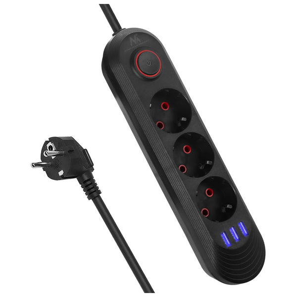 Furtun de alimentare Maclean, cablu prelungitor cu 3 prize + 3xUSB, 110-240V AC 50/60Hz, 2.1A max 2500W, 1.5m, negru, MCE394 B
